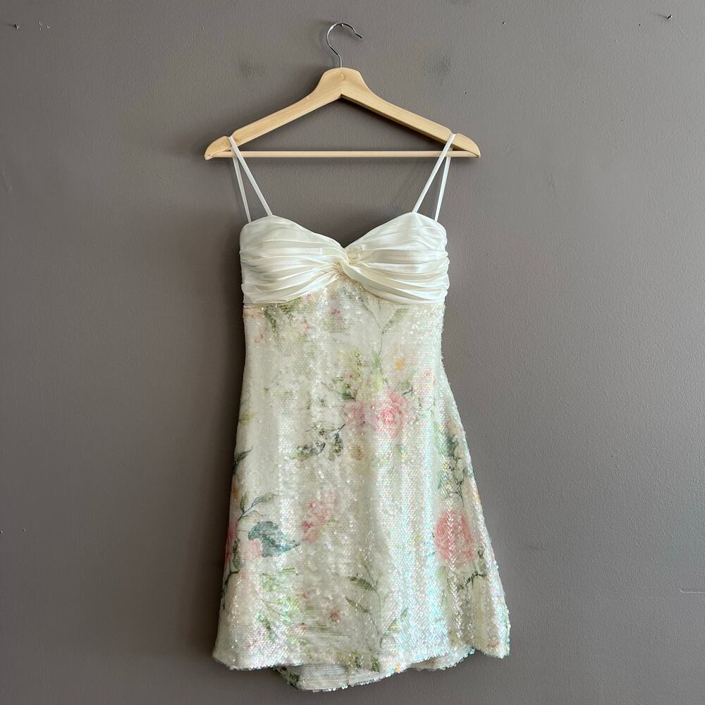 Windsor Lainey Floral Sequin Bow Back Mini Dress Ivory Strapless HOCO Party S